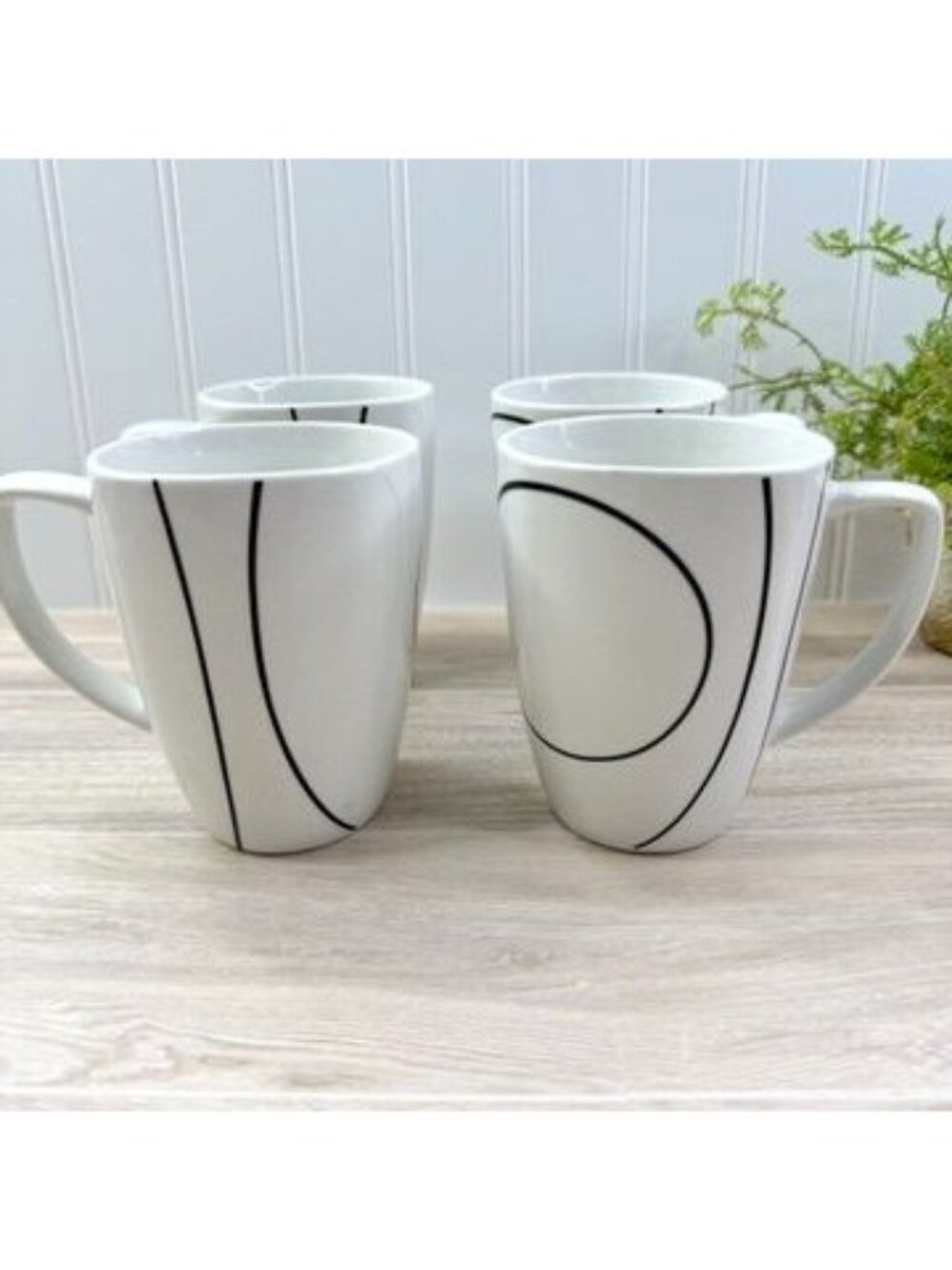 Set Of 4 Corelle Coordinates Simple Lines Porcelain Mugs Square White Black